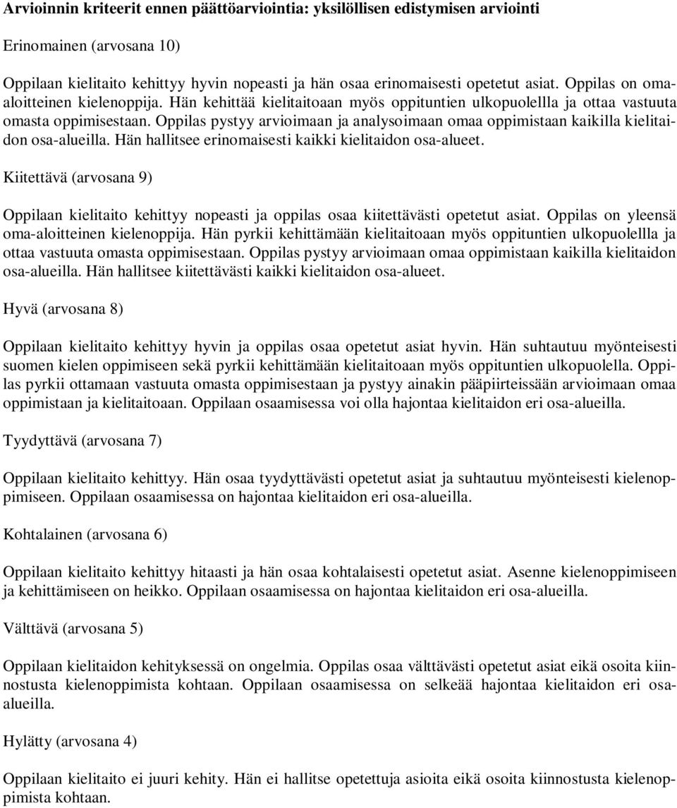 Oppilas pystyy arvioimaan ja analysoimaan omaa oppimistaan kaikilla kielitaidon osa-alueilla. Hän hallitsee erinomaisesti kaikki kielitaidon osa-alueet.