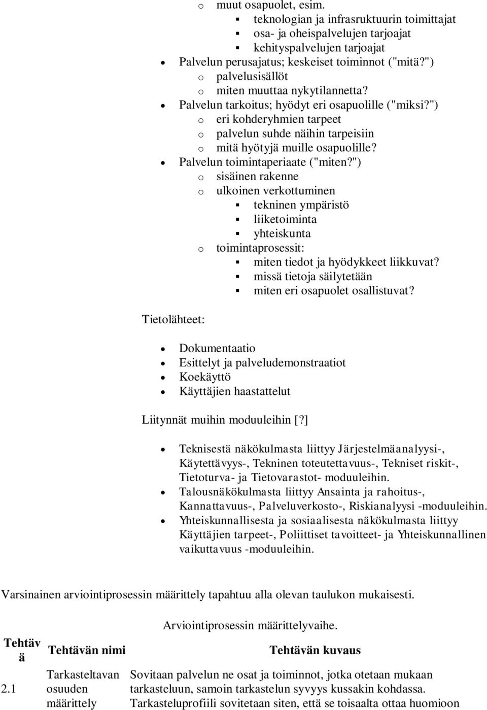 ") o eri kohderyhmien tarpeet o palvelun suhde näihin tarpeisiin o mitä hyötyjä muille osapuolille? Palvelun toimintaperiaate ("miten?