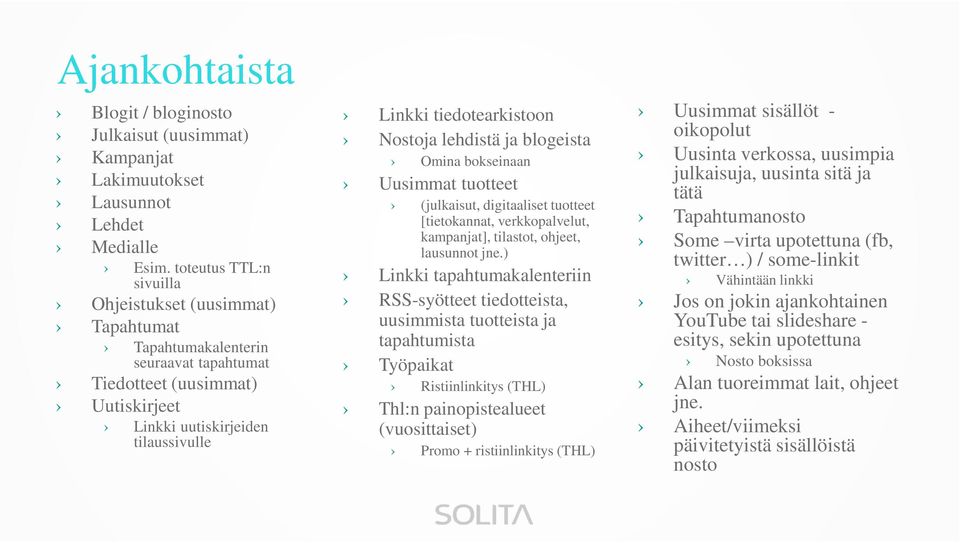 Nostoja lehdistä ja blogeista Omina bokseinaan Uusimmat tuotteet (julkaisut, digitaaliset tuotteet [tietokannat, verkkopalvelut, kampanjat], tilastot, ohjeet, lausunnot jne.