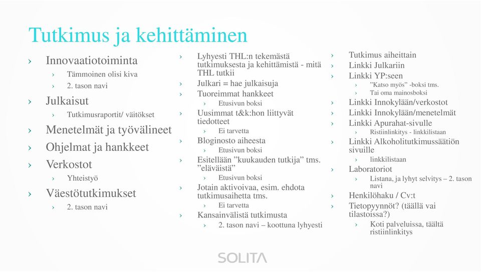 tason navi Lyhyesti THL:n tekemästä tutkimuksesta ja kehittämistä - mitä THL tutkii Julkari = hae julkaisuja Tuoreimmat hankkeet Etusivun boksi Uusimmat t&k:hon liittyvät tiedotteet Ei tarvetta