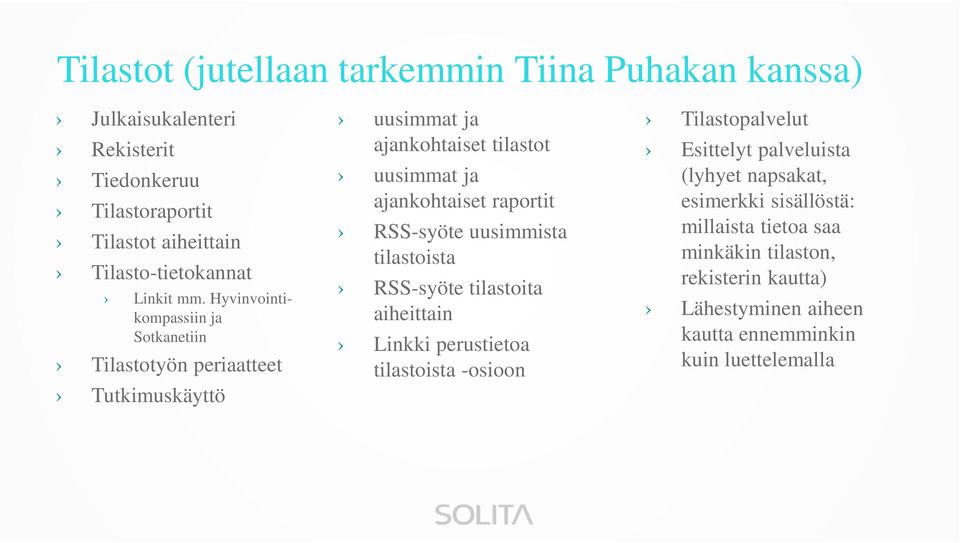 Hyvinvointikompassiin ja Sotkanetiin Tilastotyön periaatteet Tutkimuskäyttö uusimmat ja ajankohtaiset tilastot uusimmat ja ajankohtaiset raportit