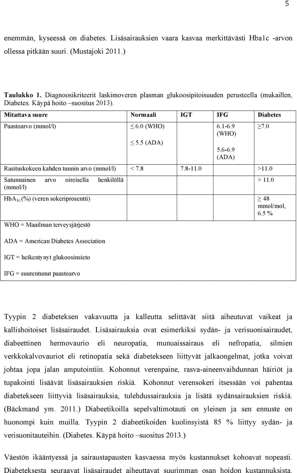 5 (ADA) 6.1-6.9 (WHO) 5.6-6.9 (ADA) Rasituskokeen kahden tunnin arvo (mmol/l) < 7.8 7.8-11.0 >11.0 Satunnainen arvo oireisella henkilöllä (mmol/l) 7.0 > 11.