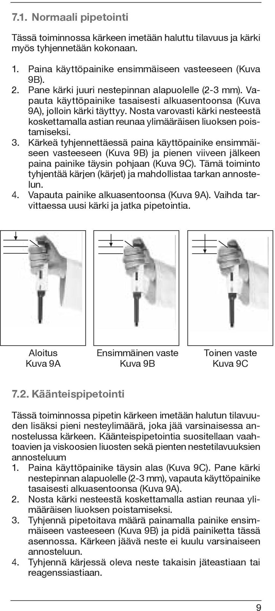 Nosta varovasti kärki nesteestä koskettamalla astian reunaa ylimääräisen liuoksen poistamiseksi. 3.