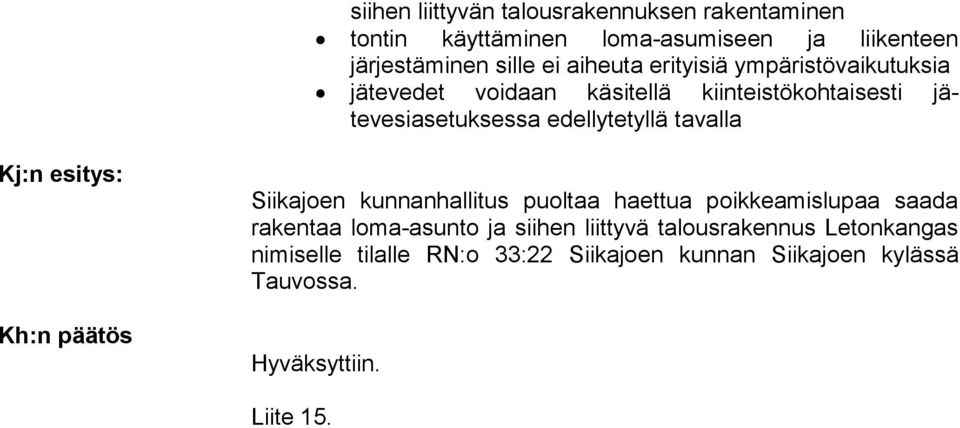tavalla Kj:n esitys: Kh:n päätös Siikajoen kunnanhallitus puoltaa haettua poikkeamislupaa saada rakentaa loma-asunto ja siihen
