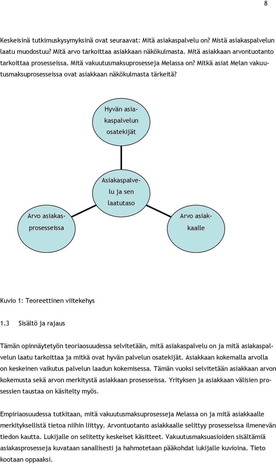 osatekijät Hyvän asiakaspalvelun Asiakaspalvelu ja sen laatutaso Arvo asiakasprosesseissa Arvo asiakkaalle Kuvio 1: Teoreettinen viitekehys 1.