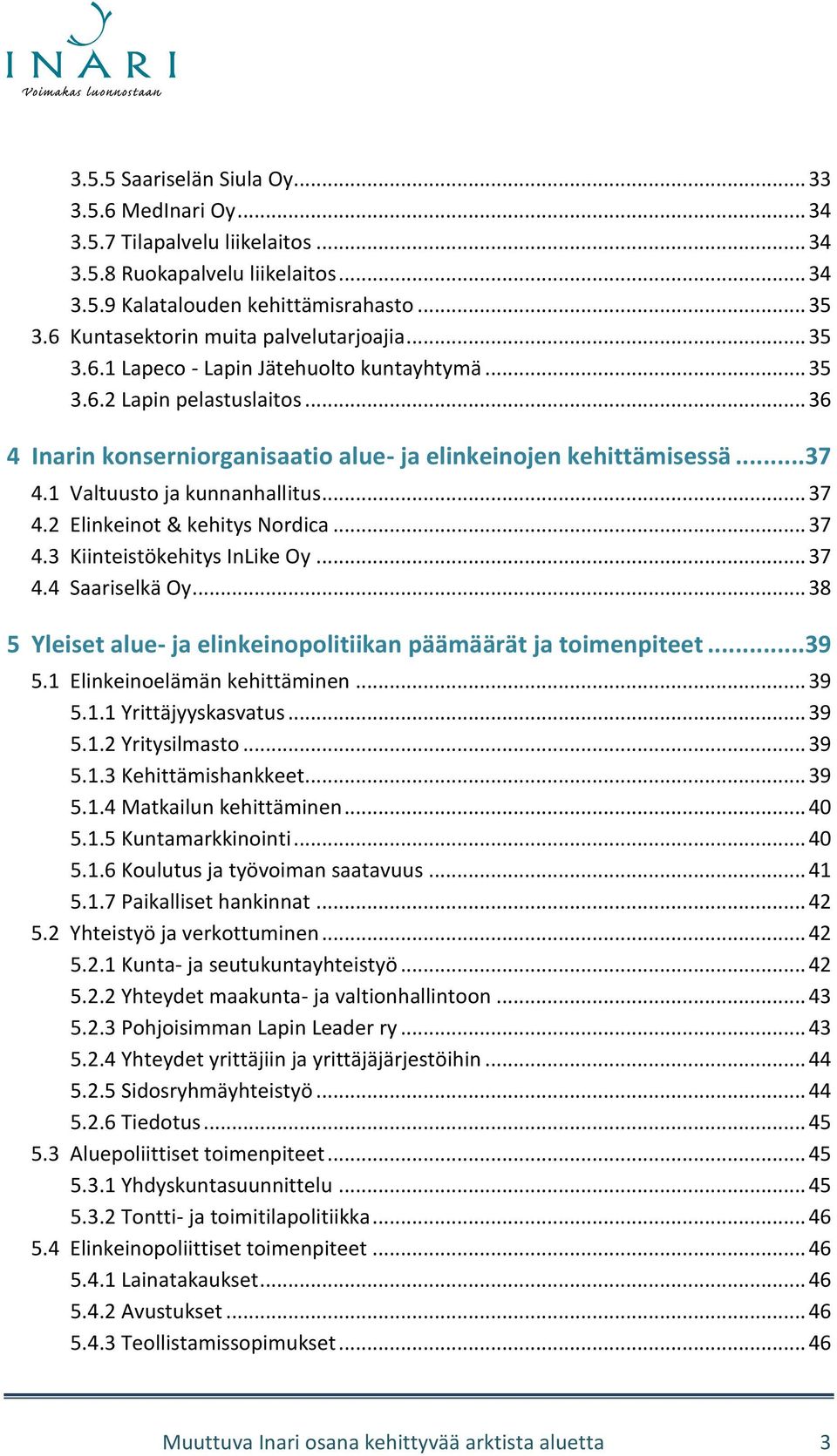 1 Valtuusto ja kunnanhallitus... 37 4.2 Elinkeinot & kehitys Nordica... 37 4.3 Kiinteistökehitys InLike Oy... 37 4.4 Saariselkä Oy... 38 5 Yleiset alue- ja elinkeinopolitiikan päämäärät ja toimenpiteet.