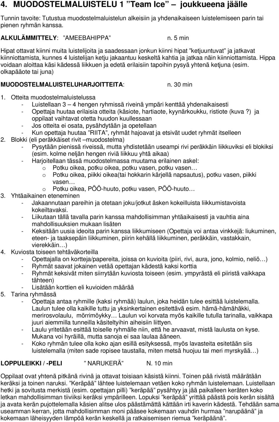 ja jatkaa näin kiinniottamista. Hippa voidaan aloittaa käsi kädessä liikkuen ja edetä erilaisiin tapoihin pysyä yhtenä ketjuna (esim. olkapääote tai juna) MUODOSTELMALUISTELUHARJOITTEITA: n. 30 min 1.