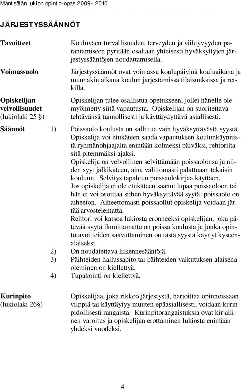 Opiskelijan tulee osallistua opetukseen, jollei hänelle ole myönnetty siitä vapautusta. Opiskelijan on suoritettava tehtävänsä tunnollisesti ja käyttäydyttävä asiallisesti.