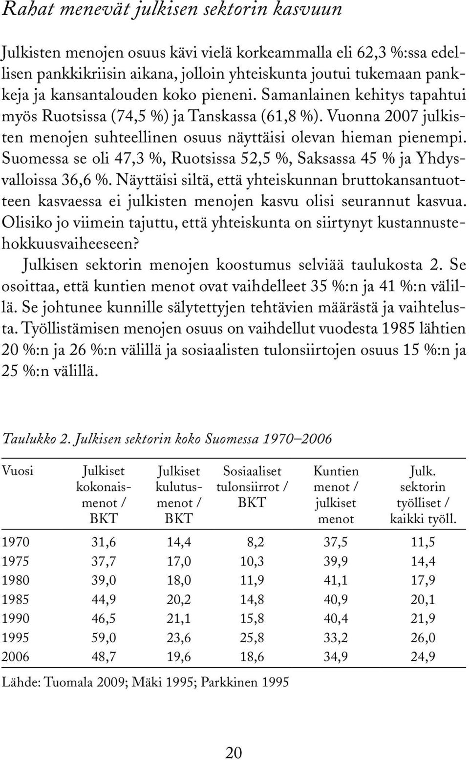 Suomessa se oli 47,3 %, Ruotsissa 52,5 %, Saksassa 45 % ja Yhdysvalloissa 36,6 %. Näyttäisi siltä, että yhteiskunnan bruttokansantuotteen kasvaessa ei julkisten menojen kasvu olisi seurannut kasvua.