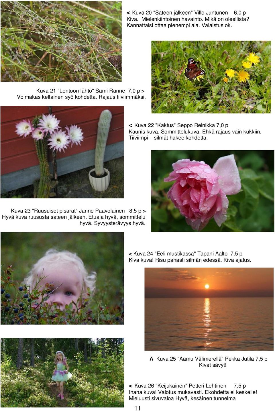 Tiiviimpi silmät hakee kohdetta. Kuva 23 "Ruusuiset pisarat" Janne Paavolainen 8,5 p > Hyvä kuva ruususta sateen jälkeen. Etuala hyvä, sommittelu hyvä. Syvyysterävyys hyvä.