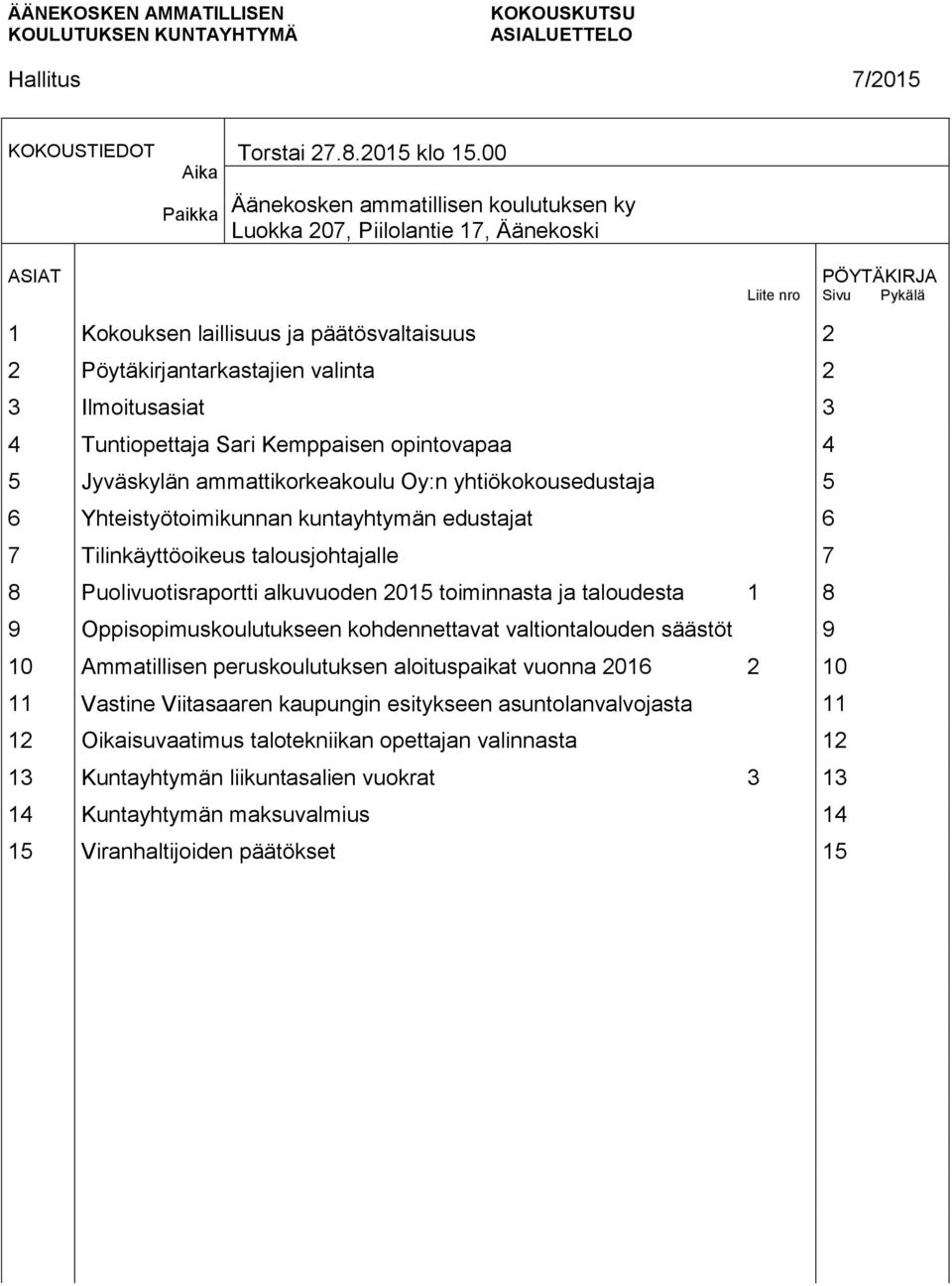 Tuntiopettaja Sari Kemppaisen opintovapaa 4 5 Jyväskylän ammattikorkeakoulu Oy:n yhtiökokousedustaja 5 6 Yhteistyötoimikunnan kuntayhtymän edustajat 6 7 Tilinkäyttöoikeus talousjohtajalle 7 8