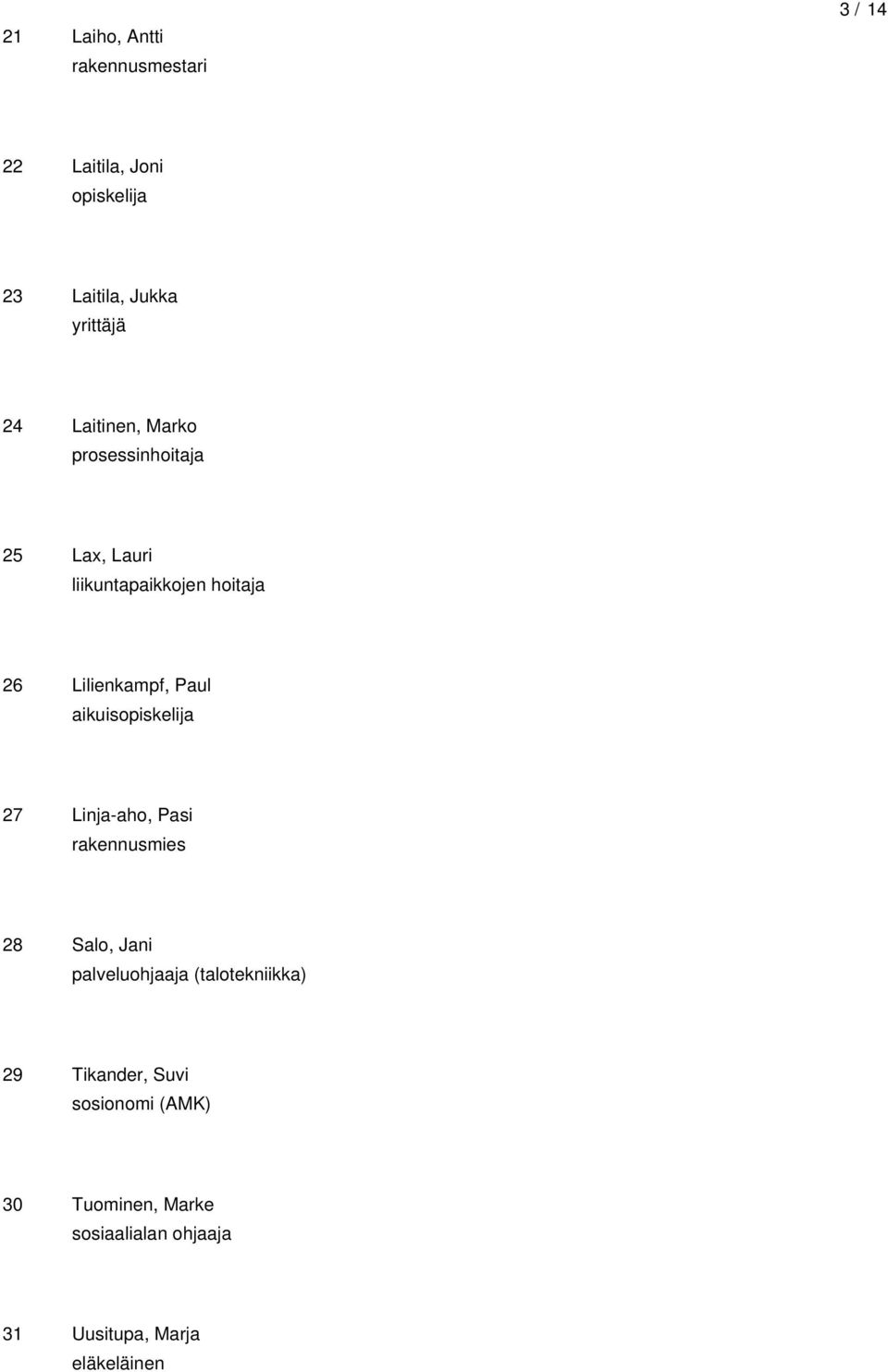 aikuisopiskelija 27 Linja-aho, Pasi rakennusmies 28 Salo, Jani palveluohjaaja (talotekniikka) 29