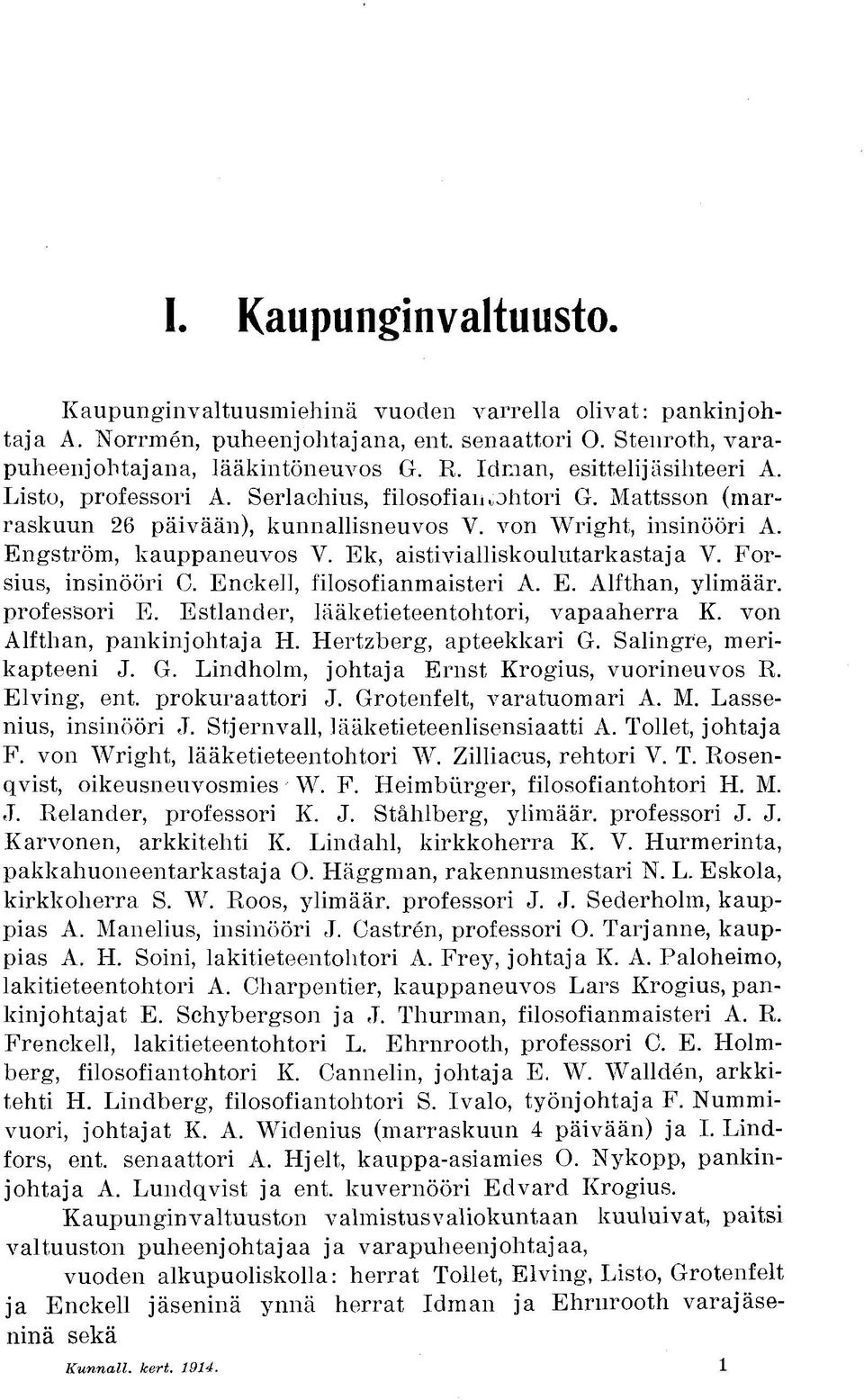 Ek, aistivialliskoulutarkastaja V. Forsius, insinööri C. Enckell, filosofianmaisteri A. E. Alfthan, ylimäär. professori E. Estlander, lääketieteentohtori, vapaaherra K. von Alfthan, pankinjohtaja H.