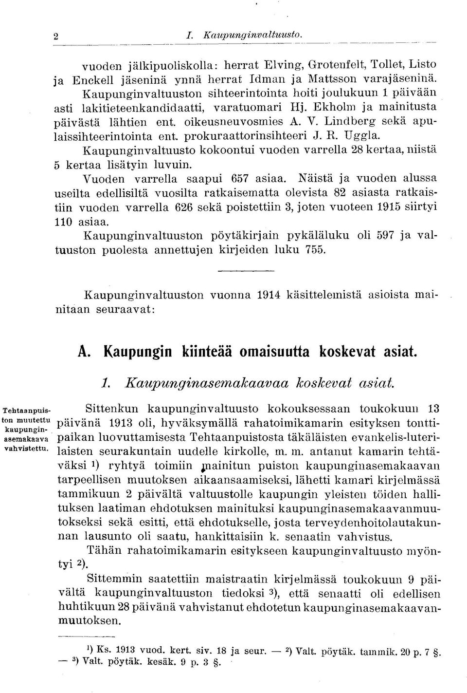 Lindberg sekä apulaissihteerintointa ent. prokuraattorinsihteeri J. R. IJggla. Kaupunginvaltuusto kokoontui vuoden varrella 28 kertaa, niistä 5 kertaa lisätyin luvuin.