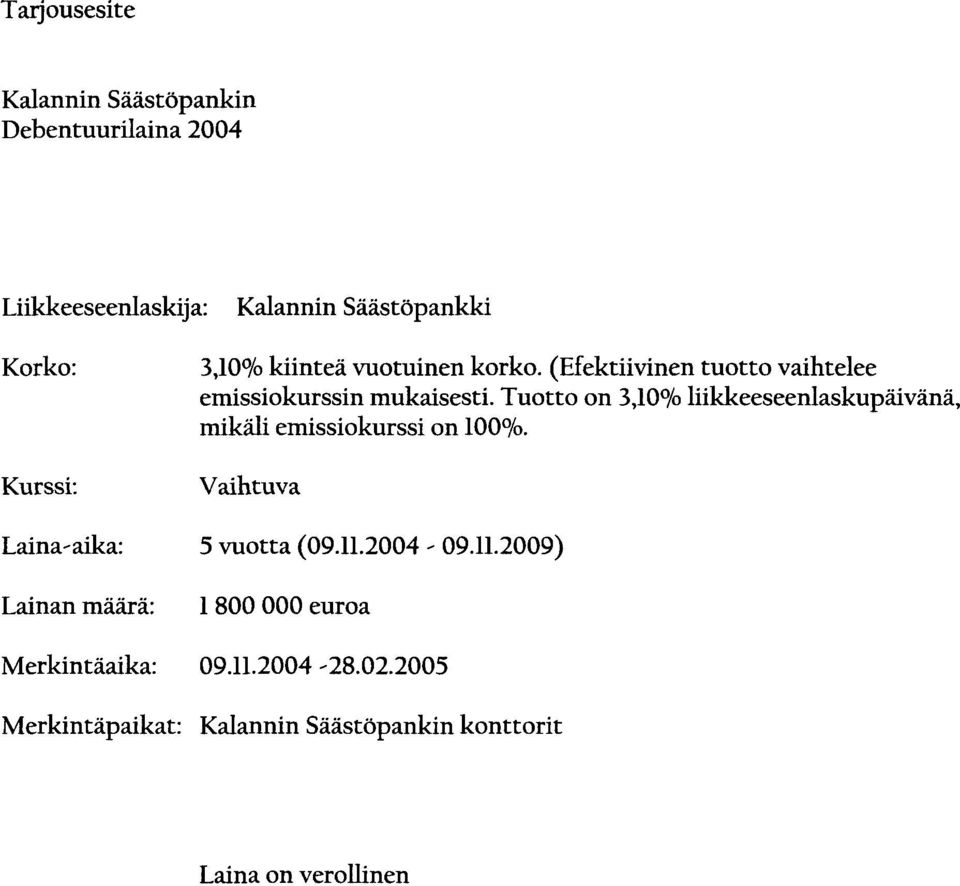 Tuotto on 3,lO0/o liikkeeseenlaskupäivänä, mikäli emissiokurssi on l0oo/o. Vaihtuva Laina-aika: 5 vuotta (09.11.