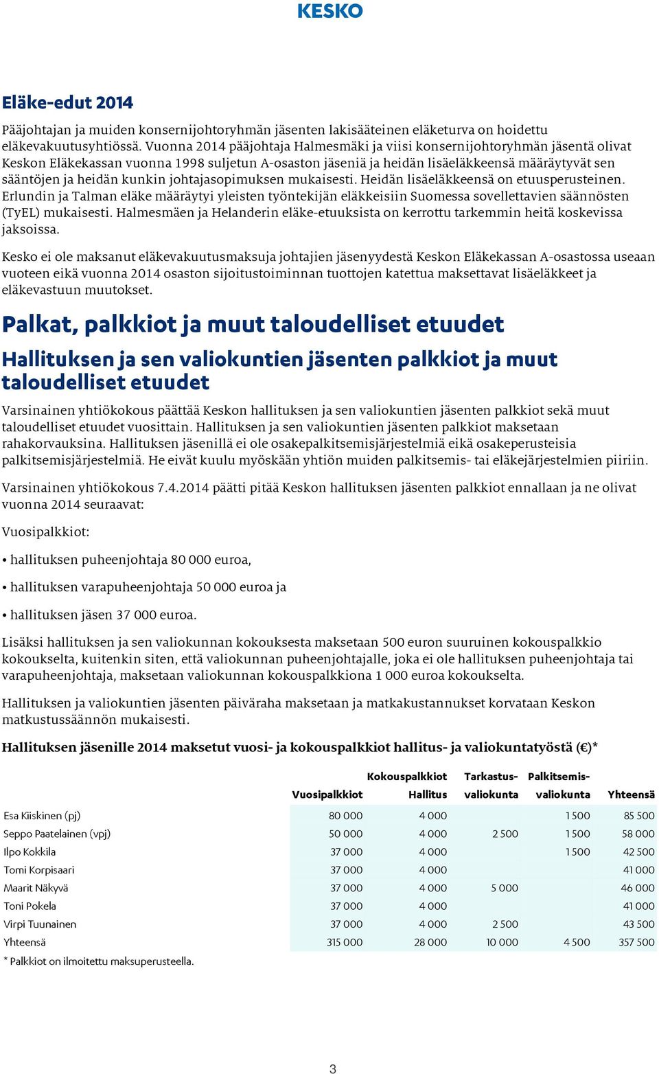 kunkin johtajasopimuksen mukaisesti. Heidän lisäeläkkeensä on etuusperusteinen.