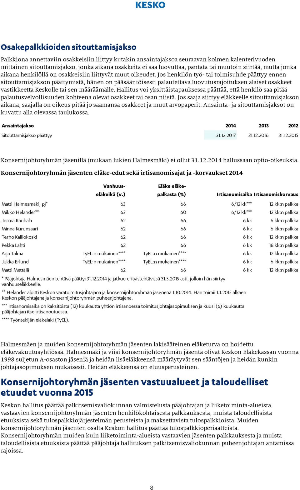 Jos henkilön työ- tai toimisuhde päättyy ennen sitouttamisjakson päättymistä, hänen on pääsääntöisesti palautettava luovutusrajoituksen alaiset osakkeet vastikkeetta Keskolle tai sen määräämälle.