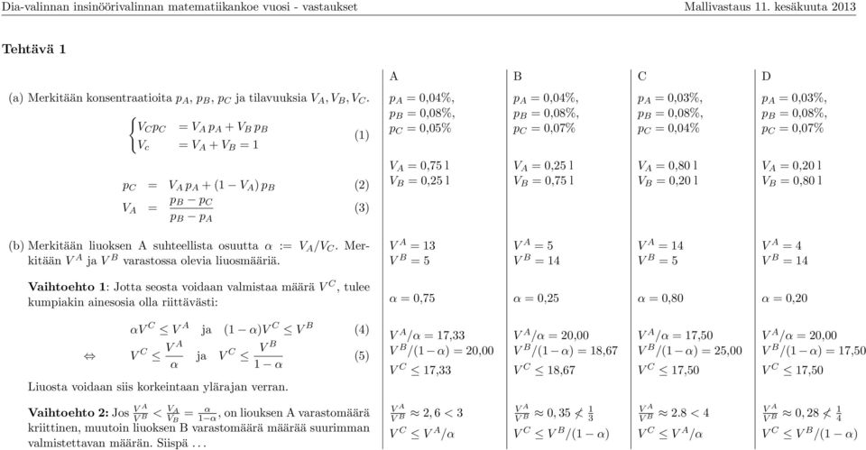 = 0,08%, p C = 0,07% V A = 0,5 l V B = 0,75 l p A = 0,03%, p B = 0,08%, p C = 0,04% V A = 0,80 l V B = 0,0 l p A = 0,03%, p B = 0,08%, p C = 0,07% V A = 0,0 l V B = 0,80 l (b) Merkitään liuoksen A