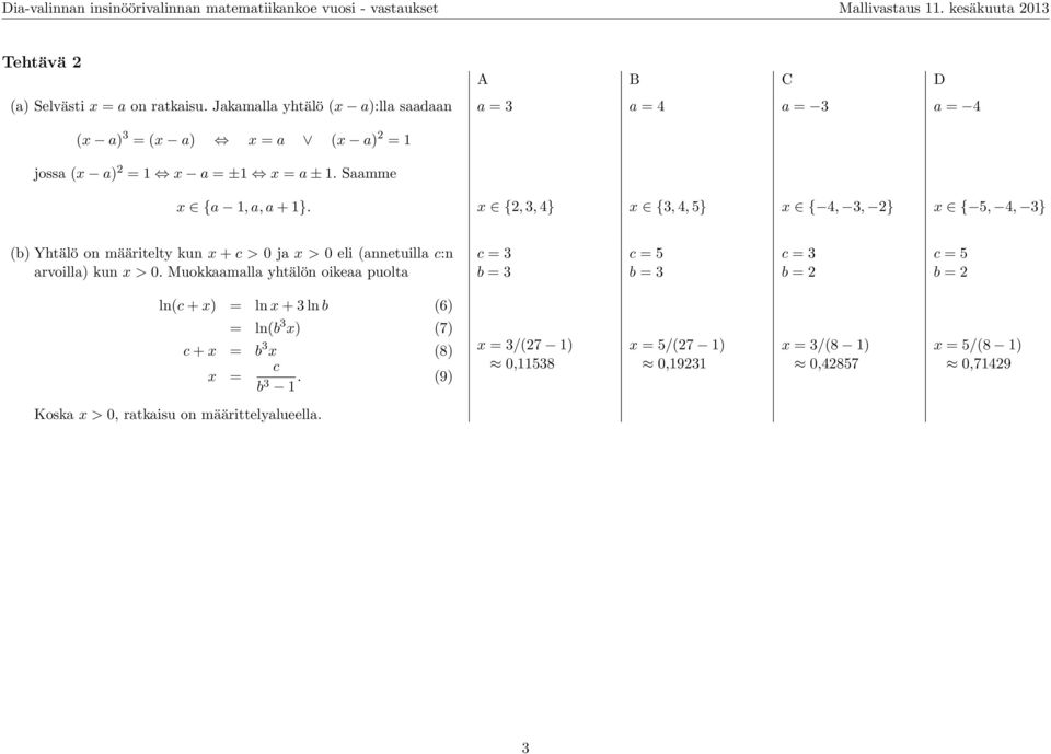 x {, 3, 4} x {3, 4, 5} x { 4, 3, } x { 5, 4, 3} (b) Yhtälö on määritelty kun x + c > 0 ja x > 0 eli (annetuilla c:n arvoilla) kun x > 0.