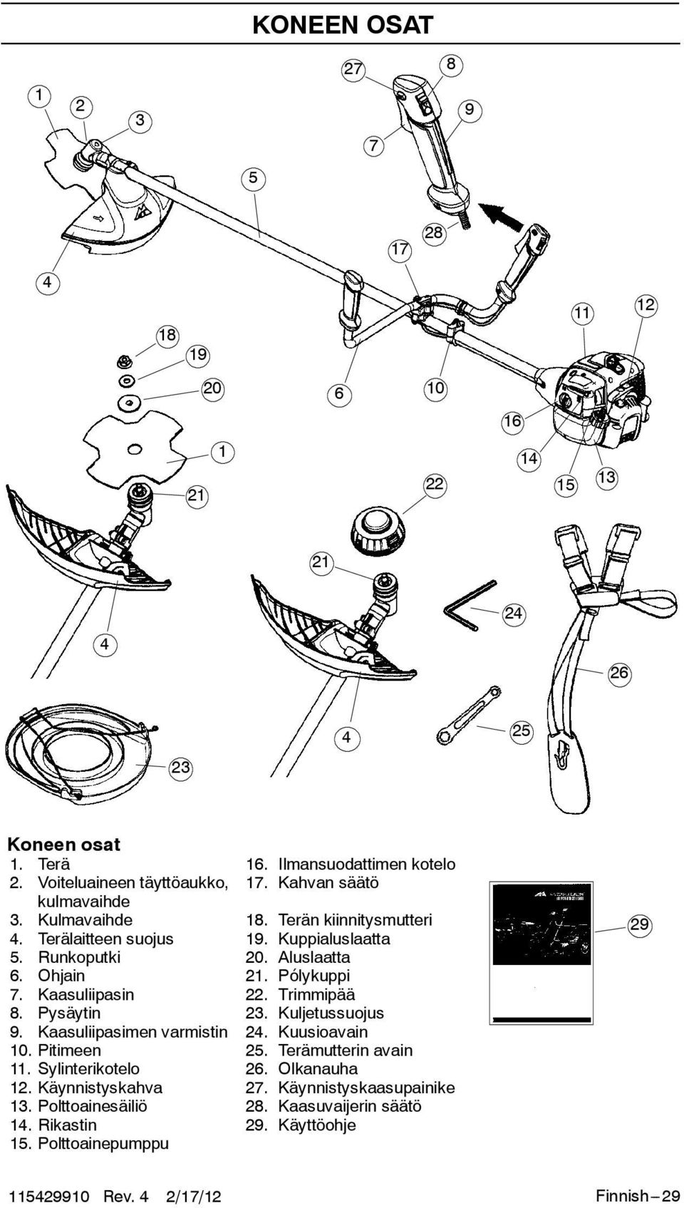 Aluslaatta 6. Ohjain 21. Pólykuppi 7. Kaasuliipasin 22. Trimmipää 8. Pysäytin 23. Kuljetussuojus 9. Kaasuliipasimen varmistin 24. Kuusioavain 10. Pitimeen 25.