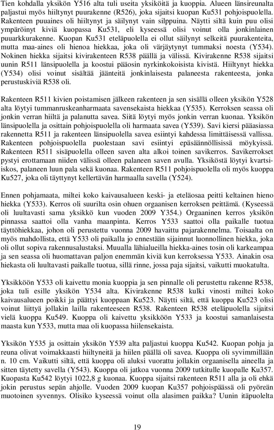 Kuopan Ku531 eteläpuolella ei ollut säilynyt selkeitä puurakenteita, mutta maa-aines oli hienoa hiekkaa, joka oli värjäytynyt tummaksi noesta (Y534).