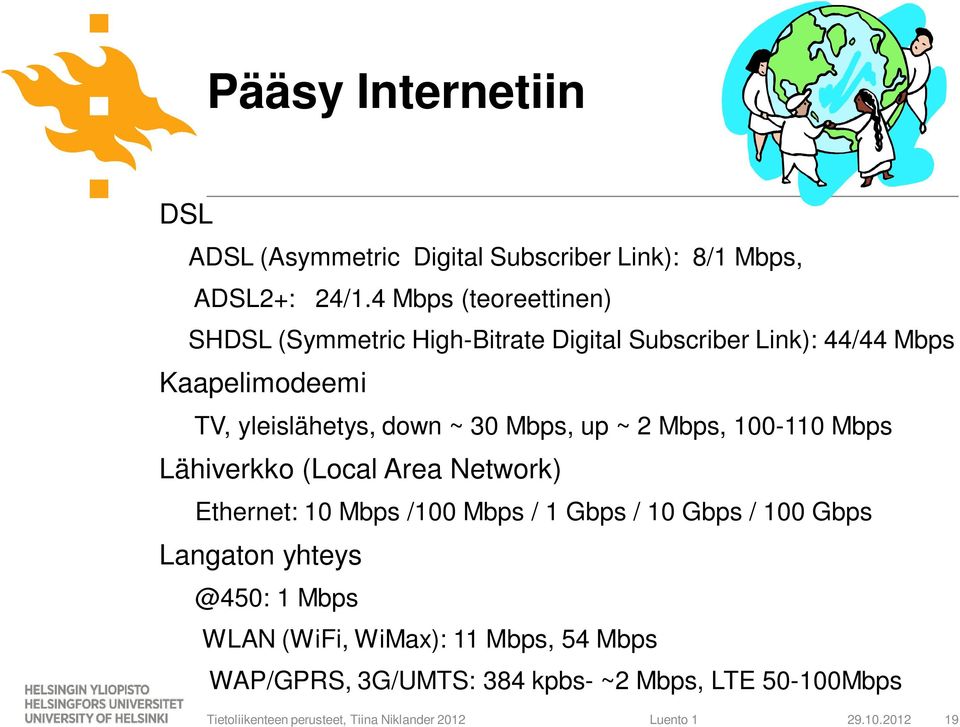 yleislähetys, down ~ 30 Mbps, up ~ 2 Mbps, 100-110 Mbps Lähiverkko (Local Area Network) Ethernet: 10 Mbps /100 Mbps /