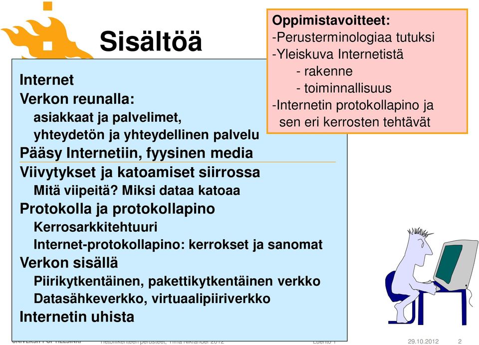 Miksi dataa katoaa Protokolla ja protokollapino Kerrosarkkitehtuuri Internet-protokollapino: kerrokset ja sanomat Verkon sisällä