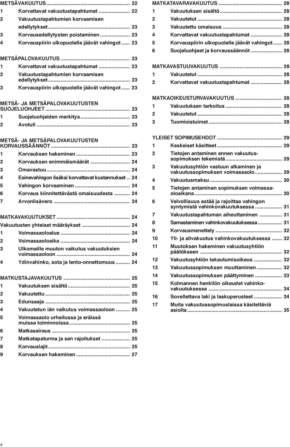 .. 23 METSÄ- JA METSÄPALOVAKUUTUSTEN SUOJELUOHJEET... 23 1 Suojeluohjeiden merkitys... 23 2 Avotuli... 23 METSÄ- JA METSÄPALOVAKUUTUSTEN KORVAUSSÄÄNNÖT... 23 1 Korvauksen hakeminen.