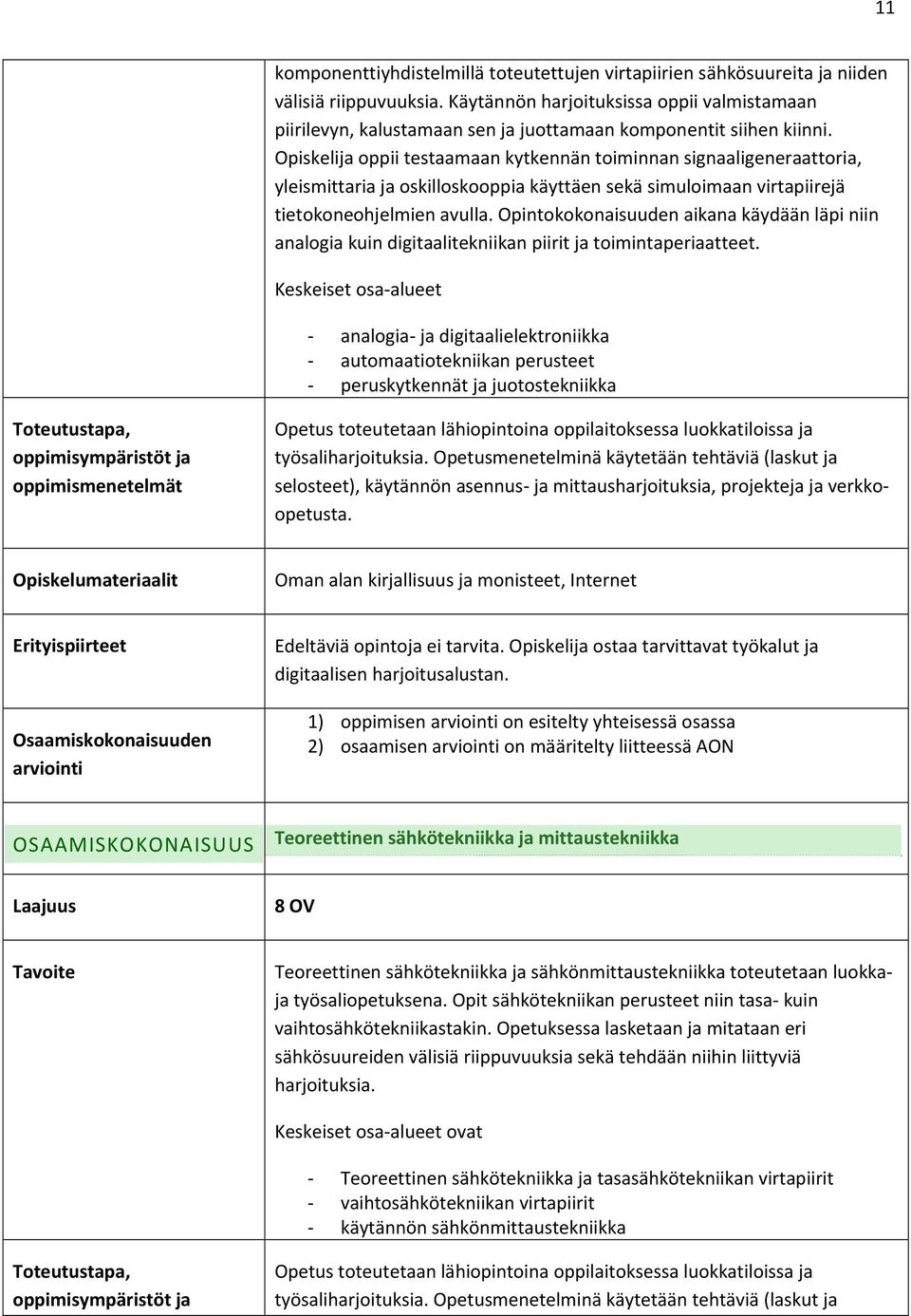 Opiskelija oppii testaamaan kytkennän toiminnan signaaligeneraattoria, yleismittaria ja oskilloskooppia käyttäen sekä simuloimaan virtapiirejä tietokoneohjelmien avulla.