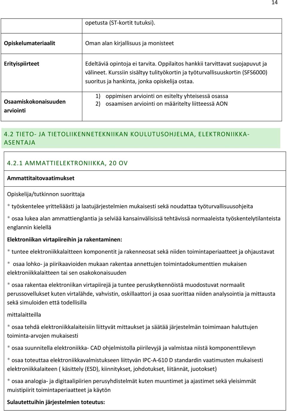 2 TIETO JA TIETOLIIKENNETEKNIIKAN KOULUTUSOHJELMA, ELEKTRONIIKKA ASENTAJA 4.2.1 AMMATTIELEKTRONIIKKA, 20 OV Ammattitaitovaatimukset Opiskelija/tutkinnon suorittaja * työskentelee yritteliäästi ja