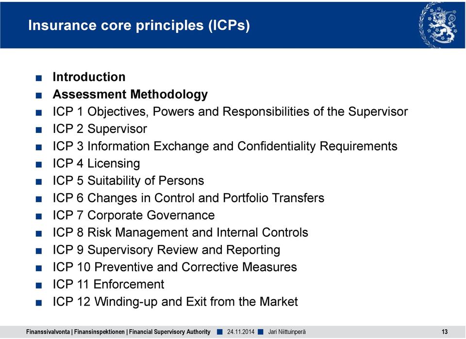 Portfolio Transfers ICP 7 Corporate Governance ICP 8 Risk Management and Internal Controls ICP 9 Supervisory Review and Reporting ICP 10