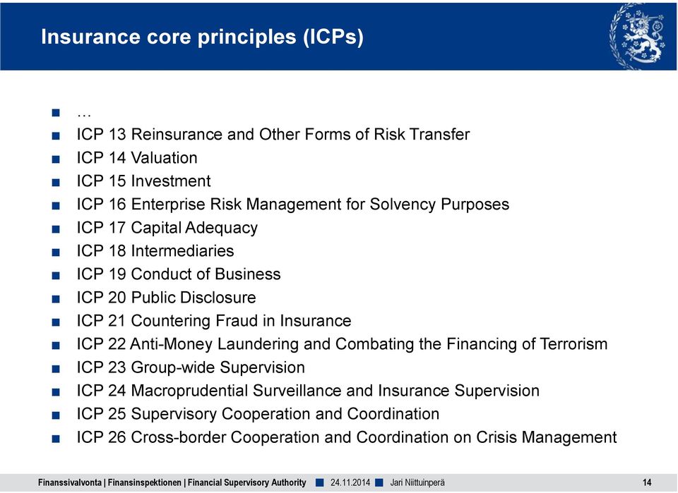 Anti-Money Laundering and Combating the Financing of Terrorism ICP 23 Group-wide Supervision ICP 24 Macroprudential Surveillance and Insurance Supervision ICP 25