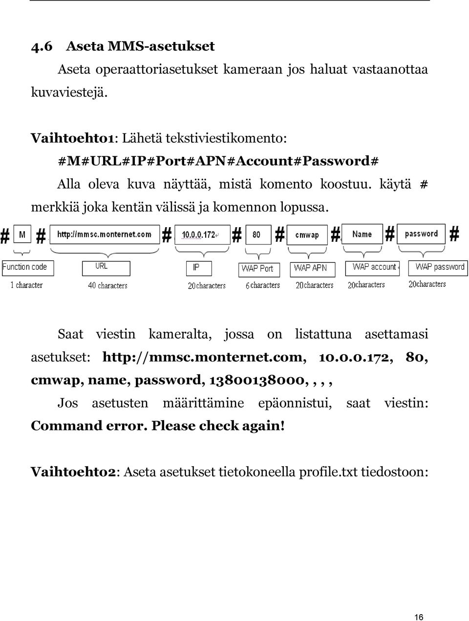 käytä # merkkiä joka kentän välissä ja komennon lopussa. Saat viestin kameralta, jossa on listattuna asettamasi asetukset: http://mmsc.monternet.