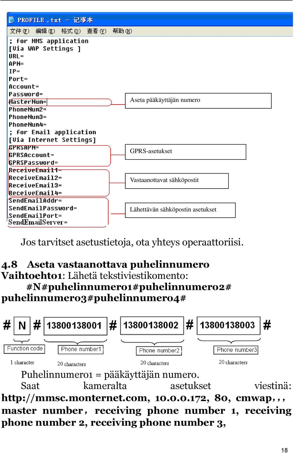 8 Aseta vastaanottava puhelinnumero Vaihtoehto1: Lähetä tekstiviestikomento: #N#puhelinnumero1#puhelinnumero2#