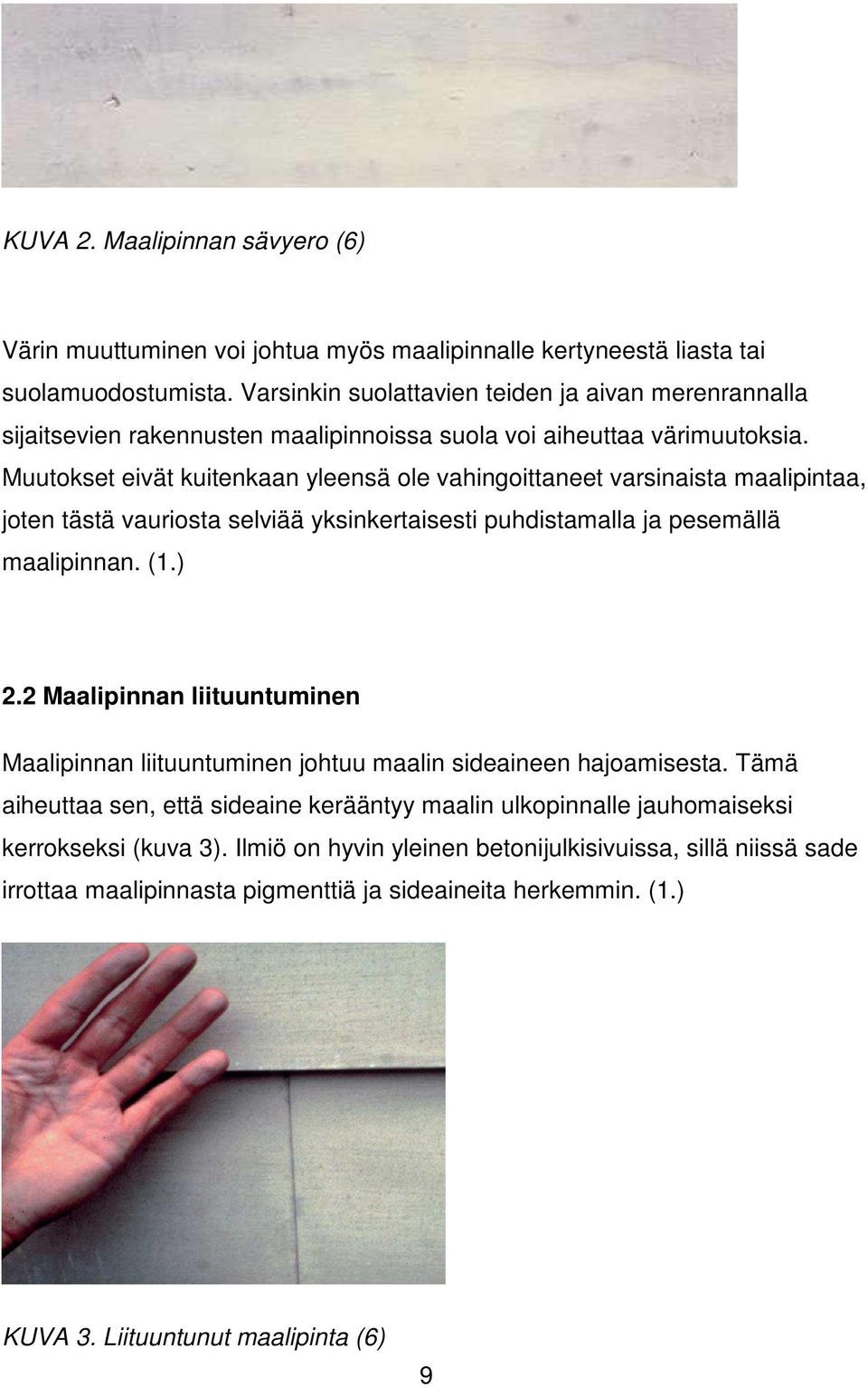 Muutokset eivät kuitenkaan yleensä ole vahingoittaneet varsinaista maalipintaa, joten tästä vauriosta selviää yksinkertaisesti puhdistamalla ja pesemällä maalipinnan. (1.) 2.