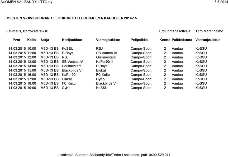 03.2015 15:00 M5D-13 ES Blackbirds VII Elukat Campo-Sport 2 Vantaa KoSSU 14.03.2015 16:00 M5D-13 ES KaPa-90 II FC Kuitu Campo-Sport 2 Vantaa KoSSU 14.03.2015 17:00 M5D-13 ES Elukat CyKo Campo-Sport 2 Vantaa KoSSU 14.