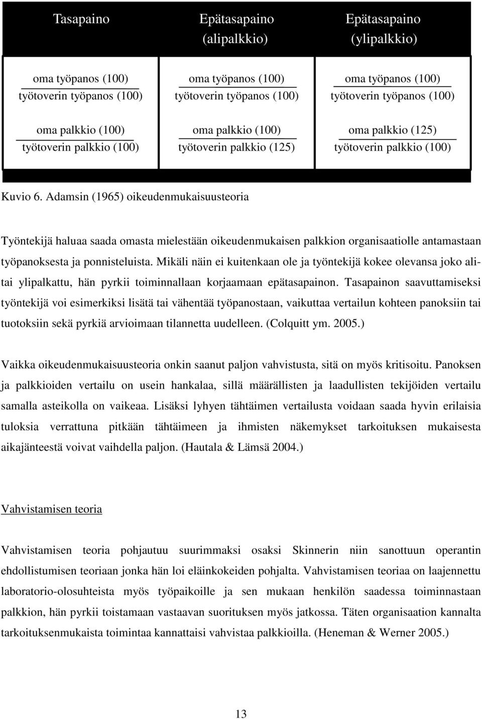 Adamsin (1965) oikeudenmukaisuusteoria Työntekijä haluaa saada omasta mielestään oikeudenmukaisen palkkion organisaatiolle antamastaan työpanoksesta ja ponnisteluista.