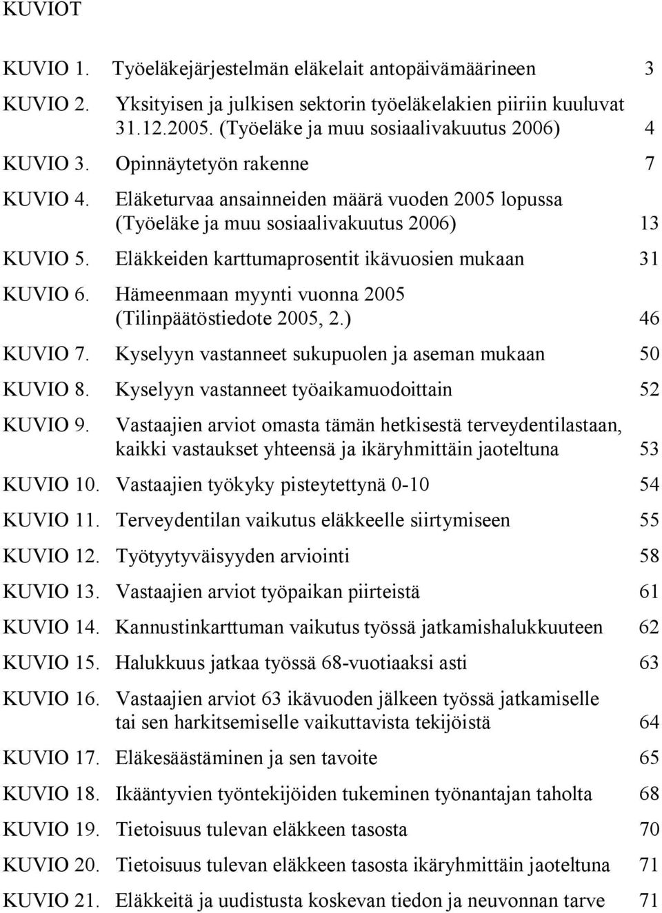 Eläkkeiden karttumaprosentit ikävuosien mukaan 31 KUVIO 6. Hämeenmaan myynti vuonna 2005 (Tilinpäätöstiedote 2005, 2.) 46 KUVIO 7. Kyselyyn vastanneet sukupuolen ja aseman mukaan 50 KUVIO 8.