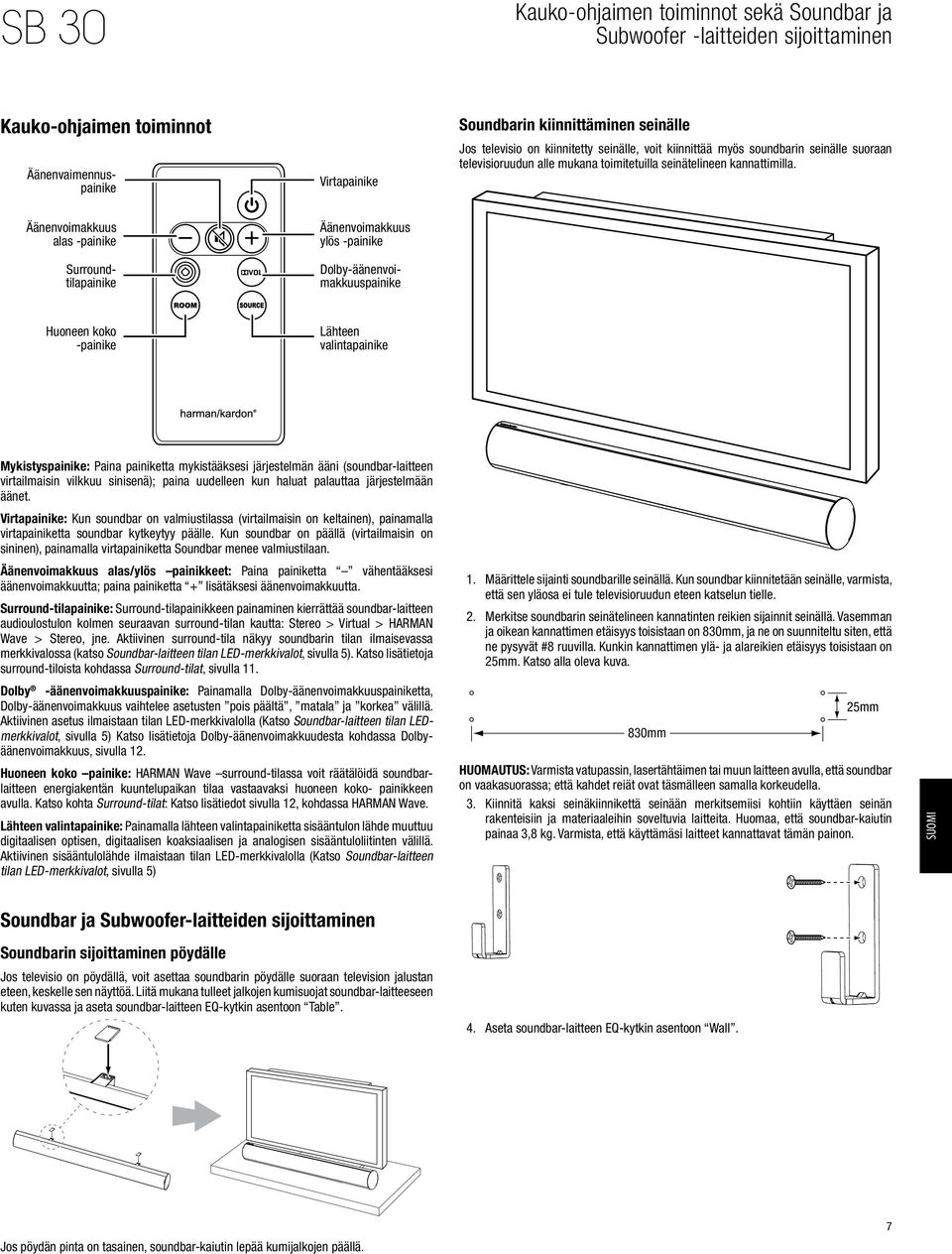 Äänenvoimakkuus alas -painike Äänenvoimakkuus ylös -painike Äänenvaimennuspainike Surroundtilapainike Dolby-äänenvoimakkuuspainike Huoneen koko -painike ähteen valintapainike Mykistyspainike: Paina