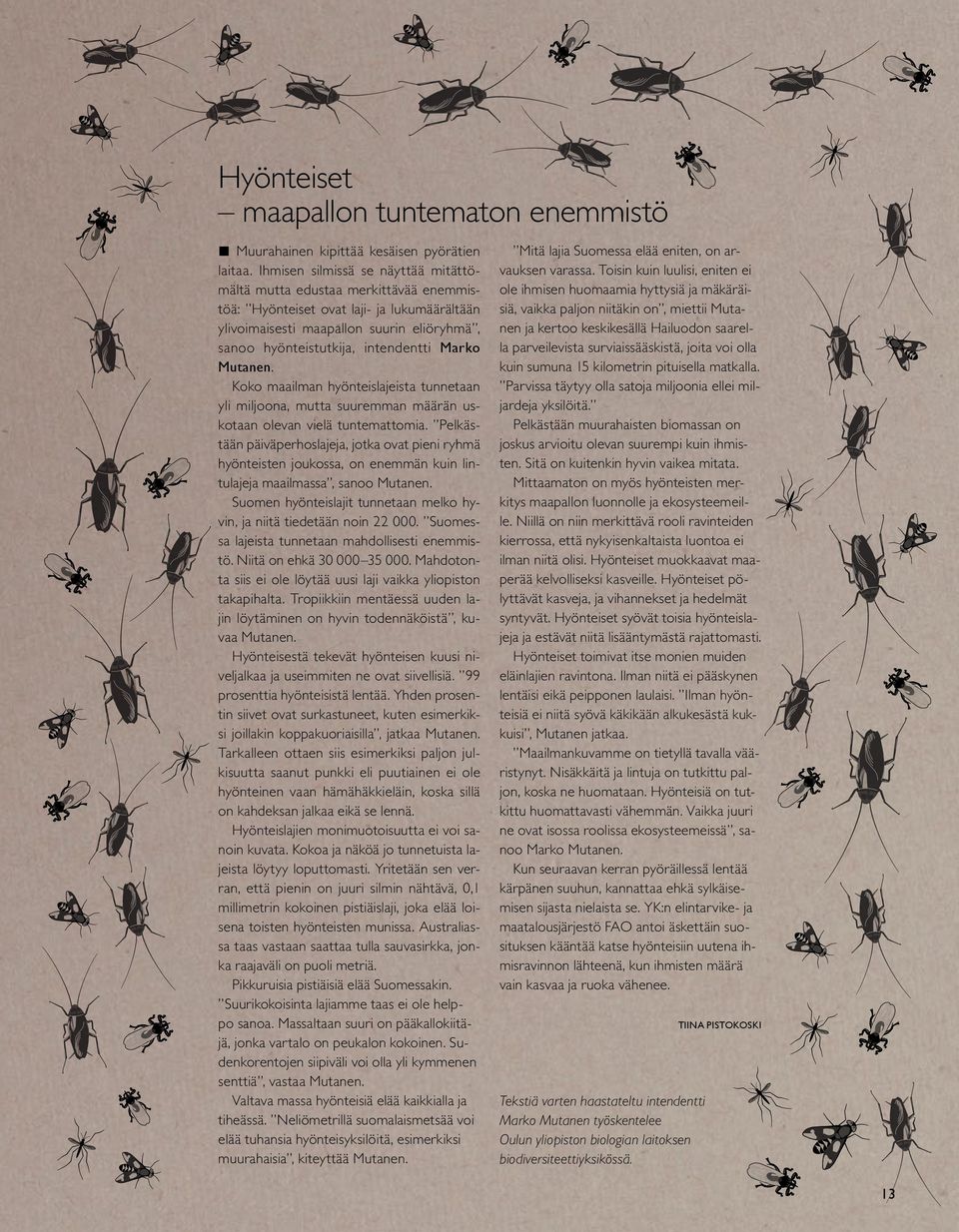 Marko Mutanen. Koko maailman hyönteislajeista tunnetaan yli miljoona, mutta suuremman määrän uskotaan olevan vielä tuntemattomia.