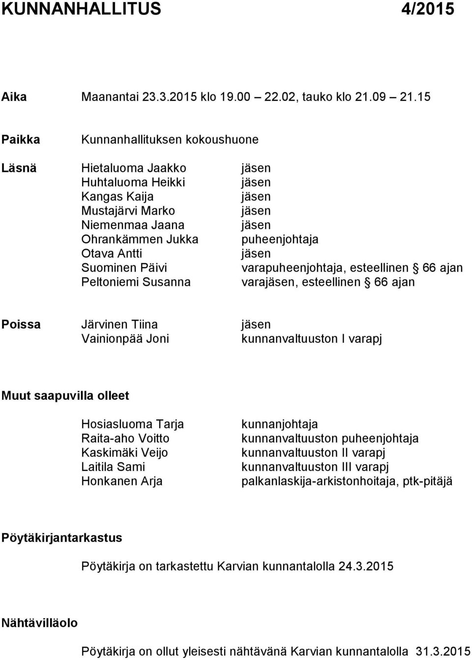 Antti jäsen Suominen Päivi varapuheenjohtaja, esteellinen 66 ajan Peltoniemi Susanna varajäsen, esteellinen 66 ajan Poissa Järvinen Tiina jäsen Vainionpää Joni kunnanvaltuuston I varapj Muut