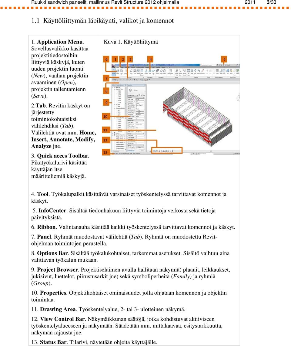 Revitin käskyt on järjestetty toimintokohtaisiksi välilehdiksi (Tab). Välilehtiä ovat mm. Home, Insert, Annotate, Modify, Analyze jne. 3. Quick acces Toolbar.