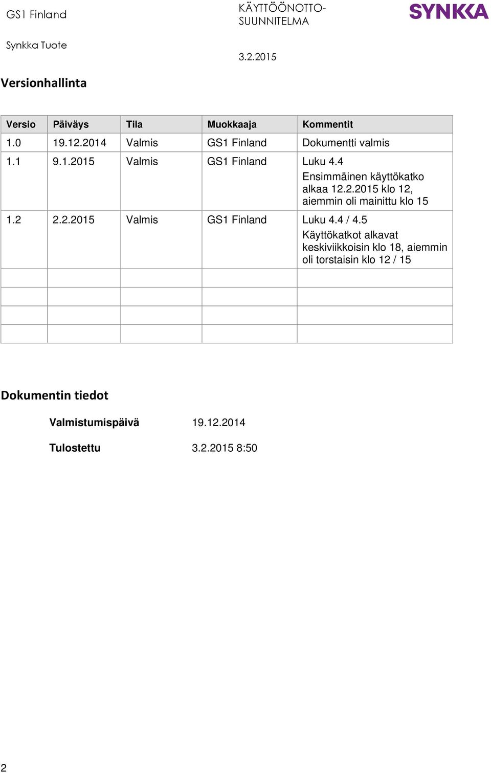 4 Ensimmäinen käyttökatko alkaa 12.2.2015 klo 12, aiemmin oli mainittu klo 15 1.2 2.2.2015 Valmis GS1 Finland Luku 4.