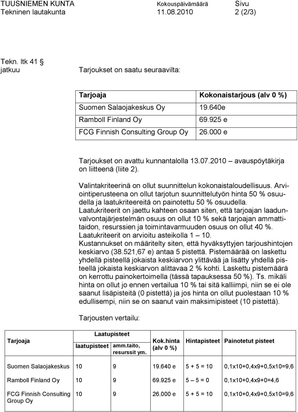 Arviointiperusteena on ollut tarjotun suunnittelutyön hinta 50 % osuudella ja laatukriteereitä on painotettu 50 % osuudella.