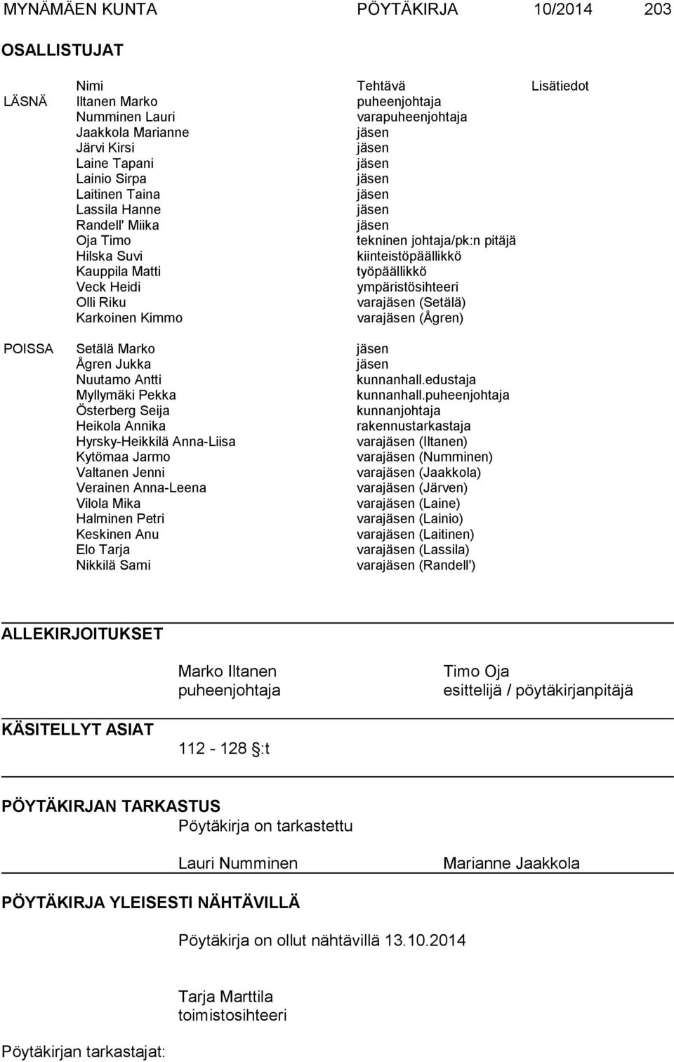 ympäristösihteeri Olli Riku varajäsen (Setälä) Karkoinen Kimmo varajäsen (Ågren) POISSA Setälä Marko jäsen Ågren Jukka jäsen Nuutamo Antti kunnanhall.edustaja Myllymäki Pekka kunnanhall.