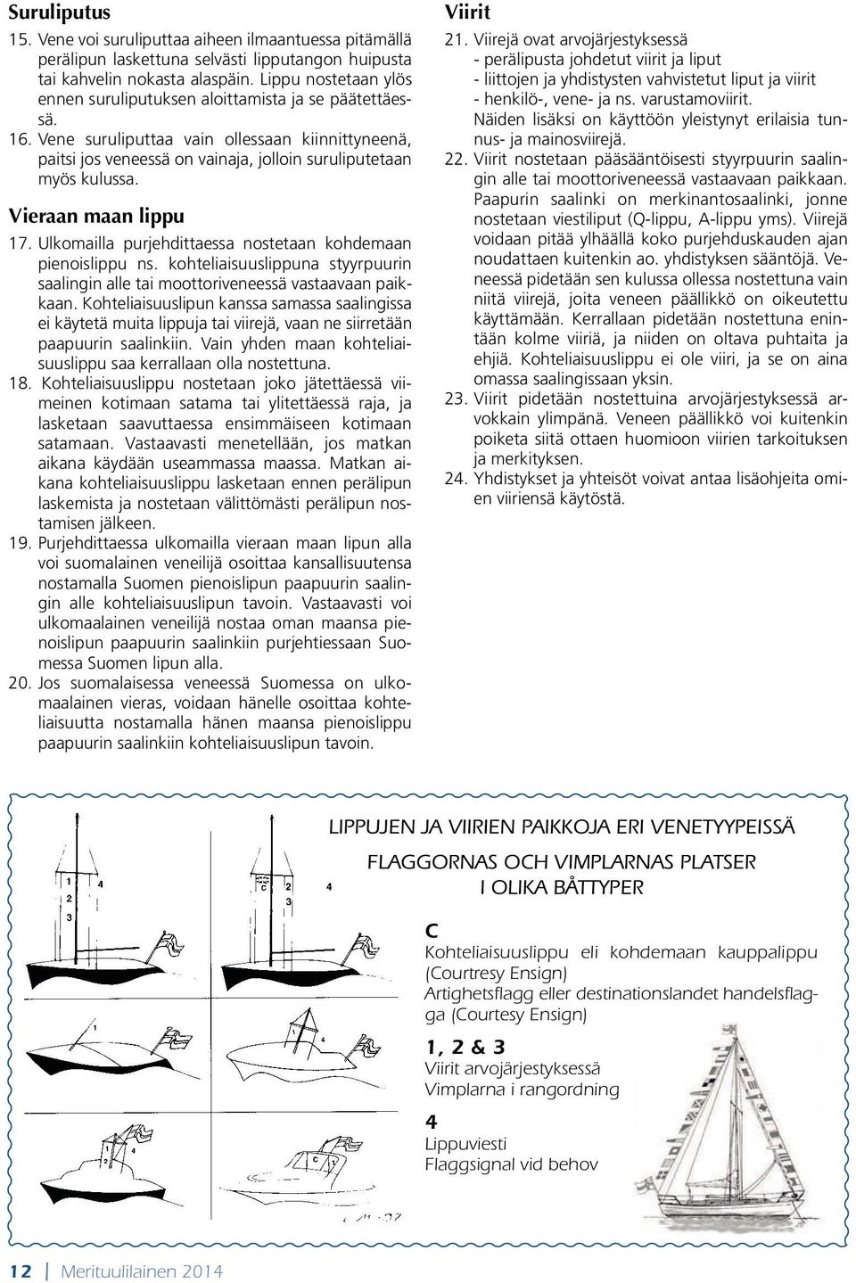 Vieraan maan lippu 17. Ulkomailla purjehdittaessa nostetaan kohdemaan pienoislippu ns. kohteliaisuuslippuna styyrpuurin saalingin alle tai moottoriveneessä vastaavaan paikkaan.