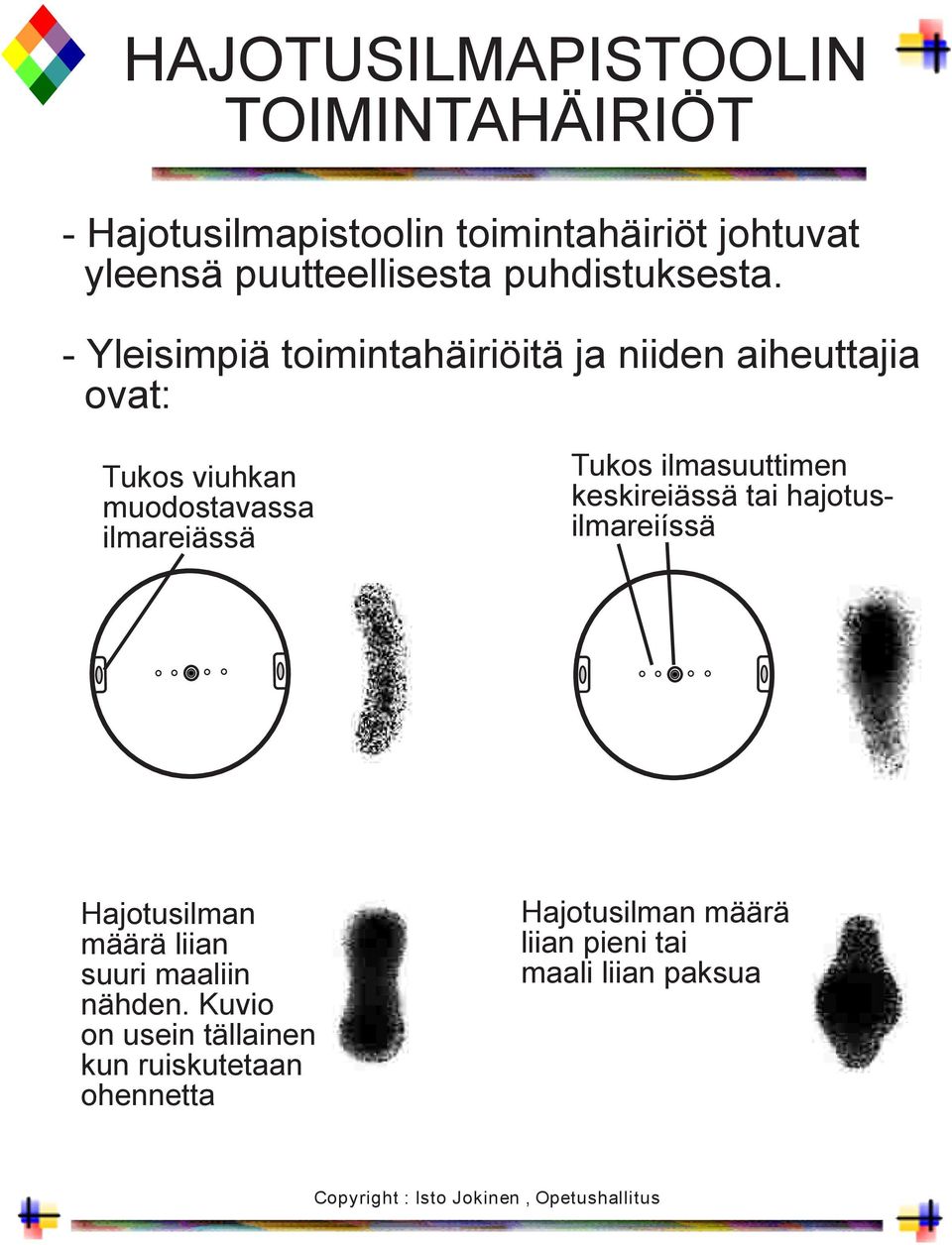 - Yleisimpiä toimintahäiriöitä ja niiden aiheuttajia ovat: Tukos viuhkan muodostavassa ilmareiässä Tukos