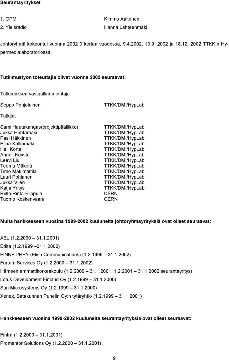 Elina Kalliomäki Heli Korte Anneli Köyste Leevi Liu Teemu Mäkelä Timo Mäkimattila Lauri Pohjanen Jukka Vilen Katja Yritys Riitta Rinta-Filppula Tuomo Koskenvaara TTKK/DMI/HypLab TTKK/DMI/HypLab