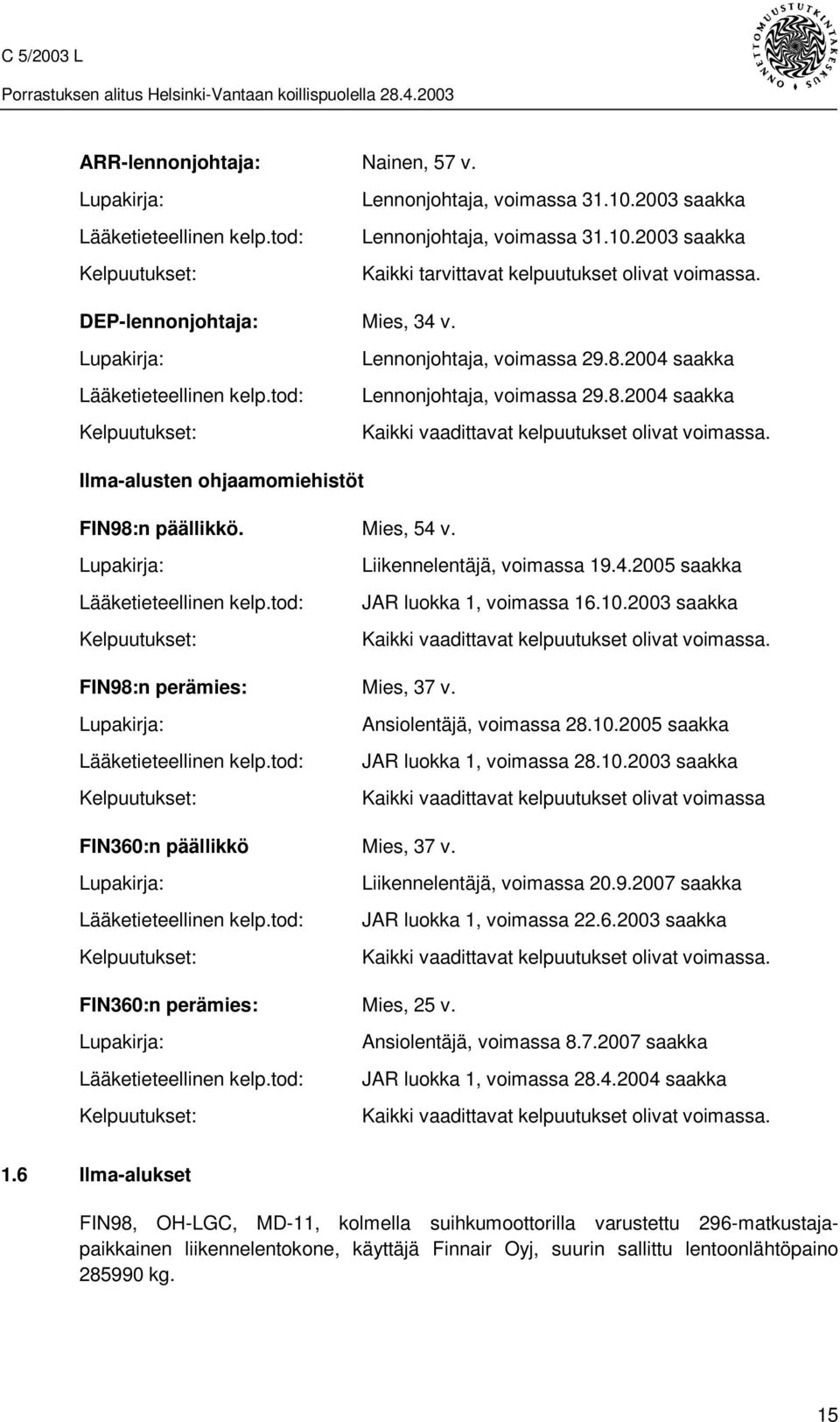 Ilma-alusten ohjaamomiehistöt FIN98:n päällikkö. Mies, 54 v. Lupakirja: Lääketieteellinen kelp.tod: Kelpuutukset: Liikennelentäjä, voimassa 19.4.2005 saakka JAR luokka 1, voimassa 16.10.