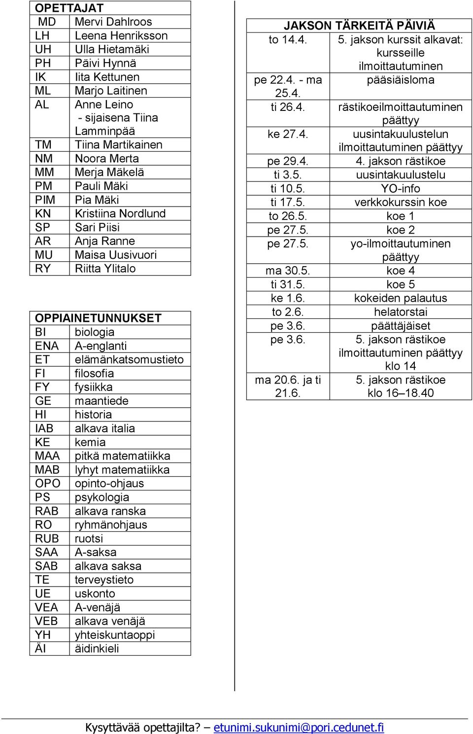 filosofia FY fysiikka GE maantiede HI historia IAB alkava italia KE kemia MAA pitkä matematiikka MAB lyhyt matematiikka OPO opinto-ohjaus PS psykologia RAB alkava ranska RO ryhmänohjaus RUB ruotsi